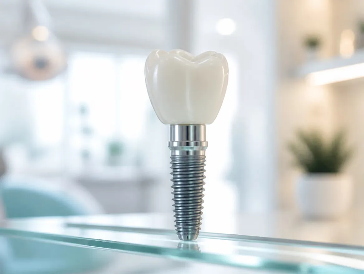 A titanium dental implant post and ceramic crown model on a bright glass shelf