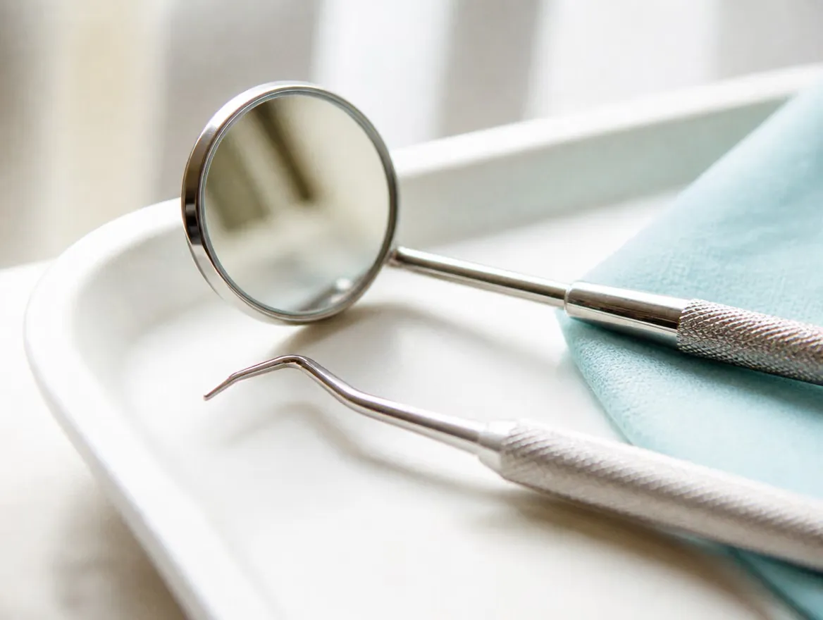 A gleaming dental mirror and scaler resting on a white tray with an aqua cloth, in bright daylight