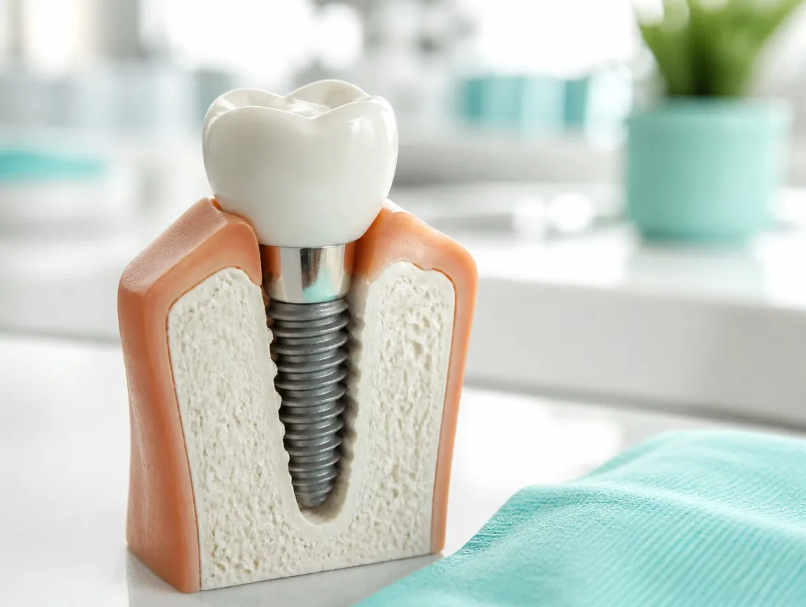 A dental implant crown model on a bright clinical counter with a soft teal accent
