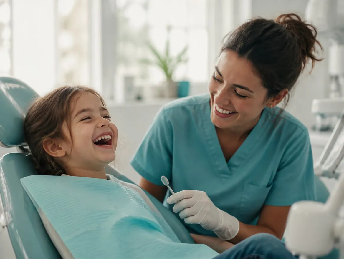 A young child laughing in a dental chair beside a gentle hygienist in a bright clinic